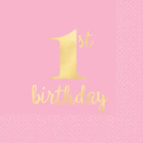 1st Birthday Pink Beverage Napkins Hot Stamped 16pk