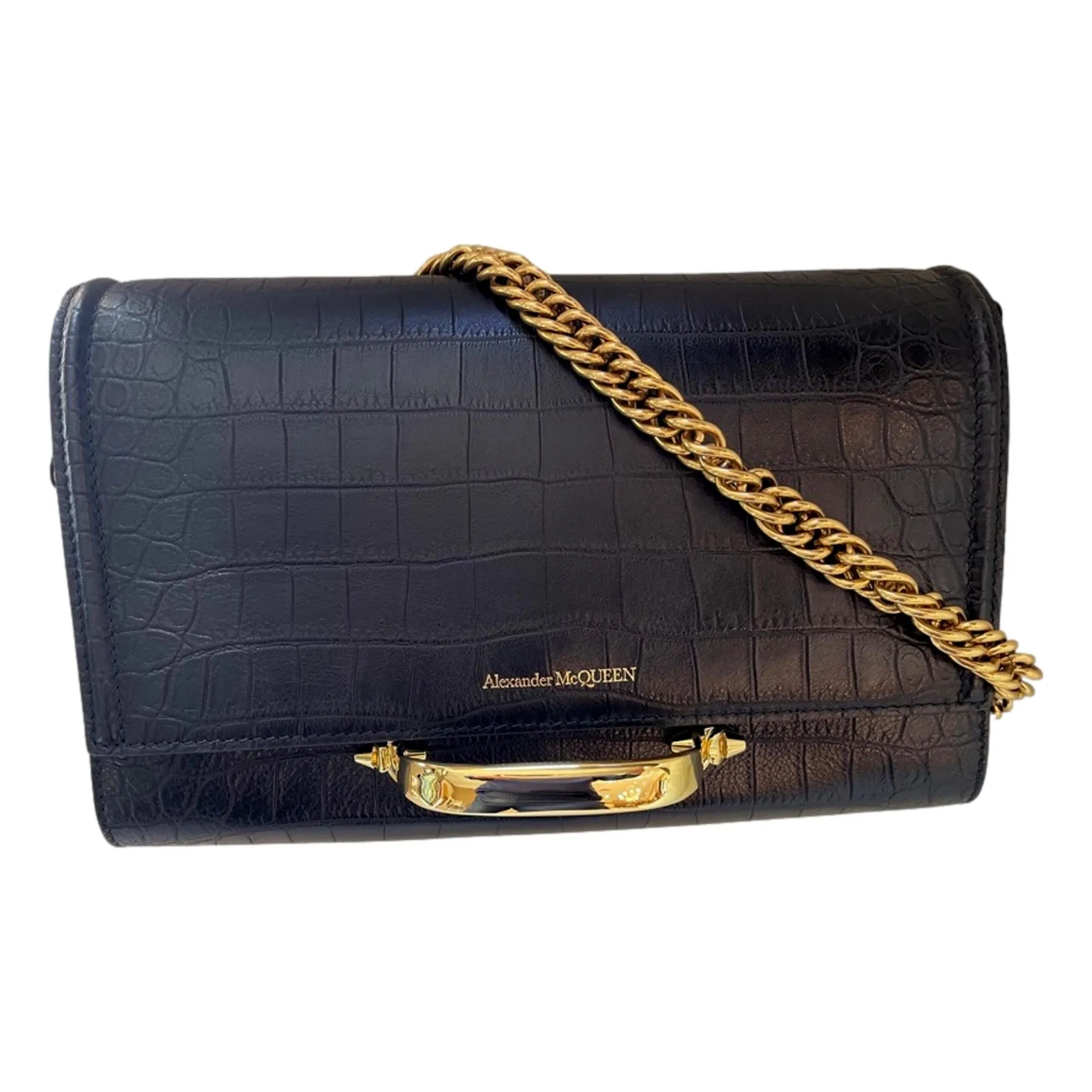 Alexander McQueen The Story Black Leather Croc Shoulder Bag