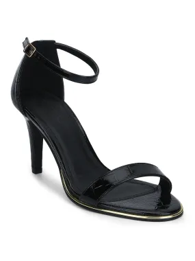 Black Croc Ankle Strap Low Heel Stilettos