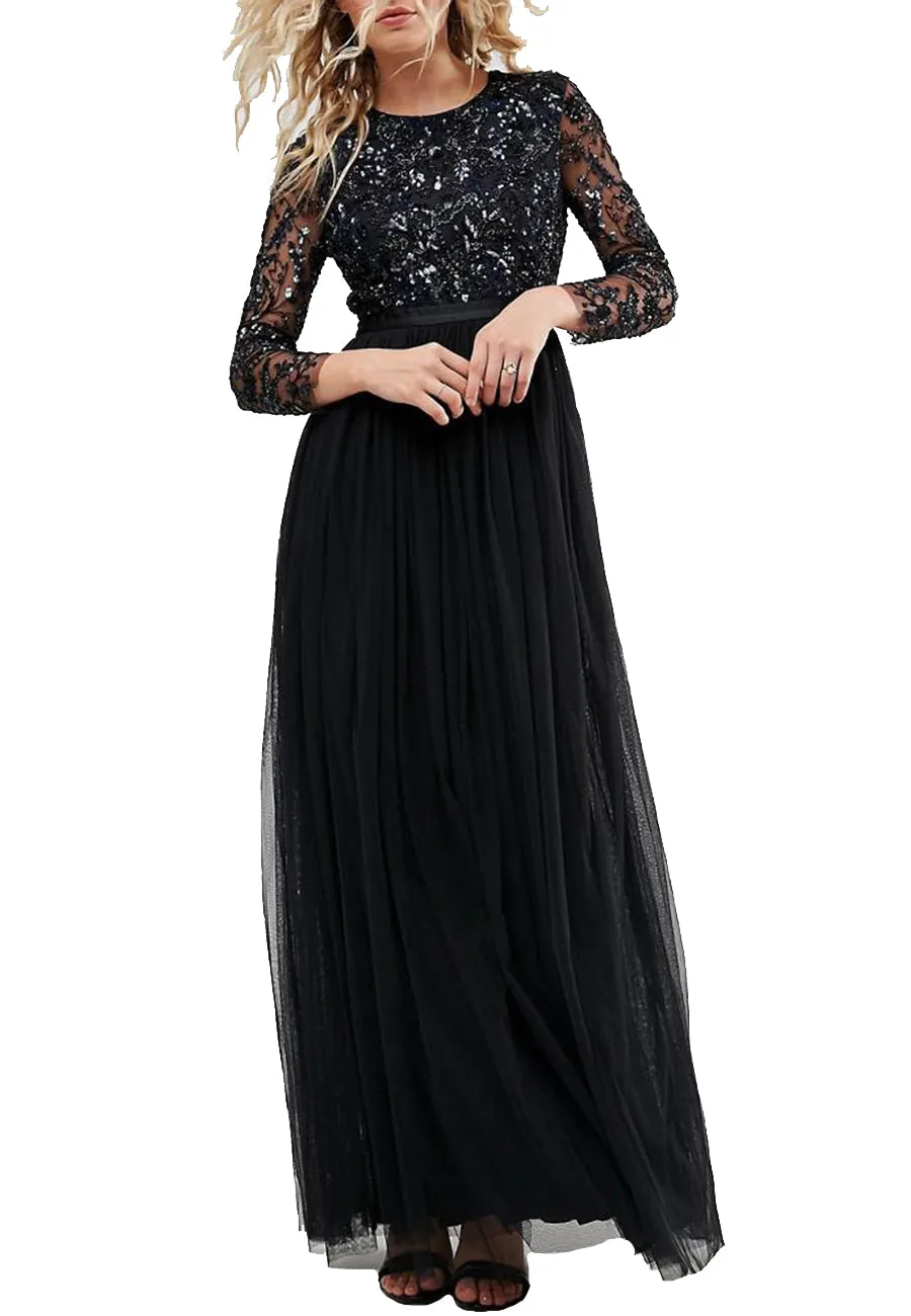 Black Embellished Sheer Sleeves Backless Gown