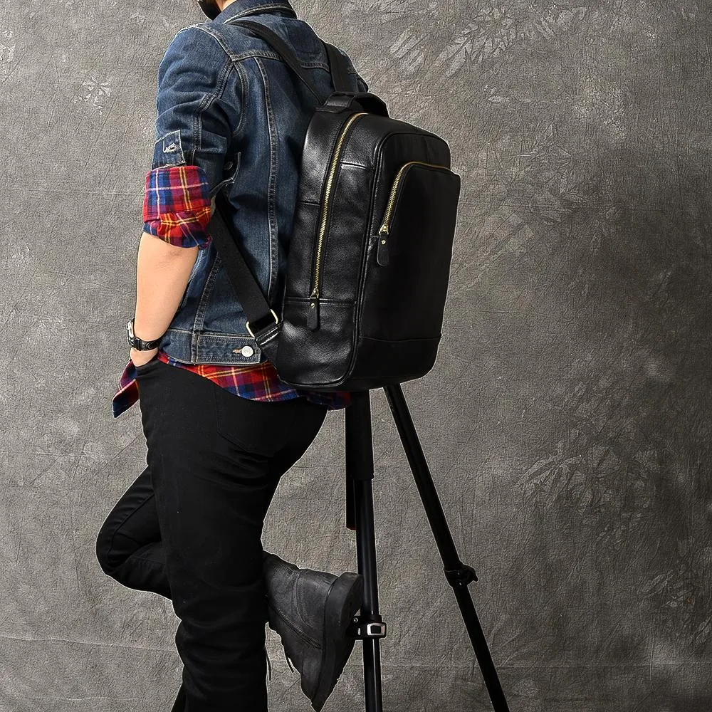 Black Leather Mens 15" Laptop Backpack Hiking Backpack Travel Backpack College Backpack for Men