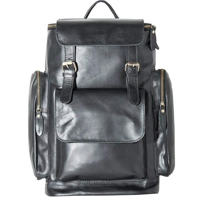 Black Mens Leather College Backpacks Travel Backpacks Black 15 inches Computer Backpack for men