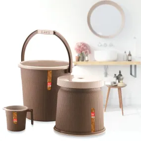 Dark Brown Bath Bucket(18L), Mug(1L) & Stool Set Of 3 For Bathing and Cleaning