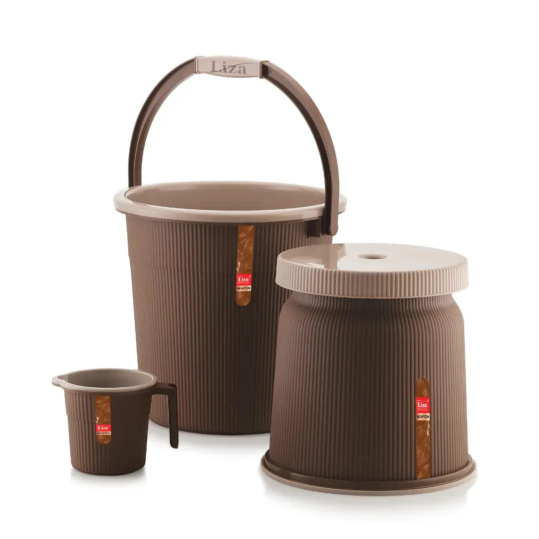 Dark Brown Bath Bucket(18L), Mug(1L) & Stool Set Of 3 For Bathing and Cleaning