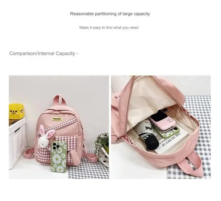 Girls Gingham Rabbit & Letter Patch Decor Functional Backpack 2919