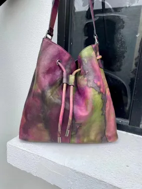 Italian Luxury Cowhide Leather Drawstring Bucket Bag in Camouflage Purple, Women Handcrafted High-End Genuine Leather Shoulder Bag