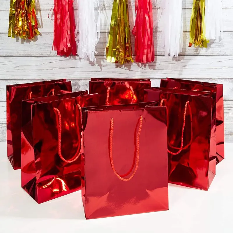 Red Metallic Medium Gift Bags with Handles for Weddings, Birthdays (9.25 x 8 x 4.25 in, 24 Pack)