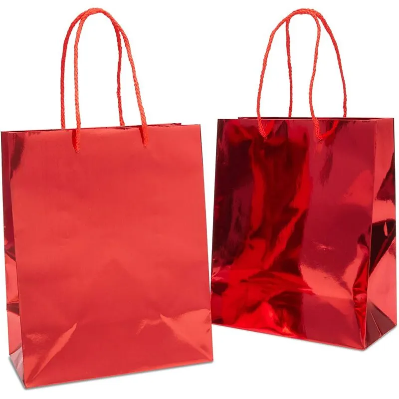 Red Metallic Medium Gift Bags with Handles for Weddings, Birthdays (9.25 x 8 x 4.25 in, 24 Pack)