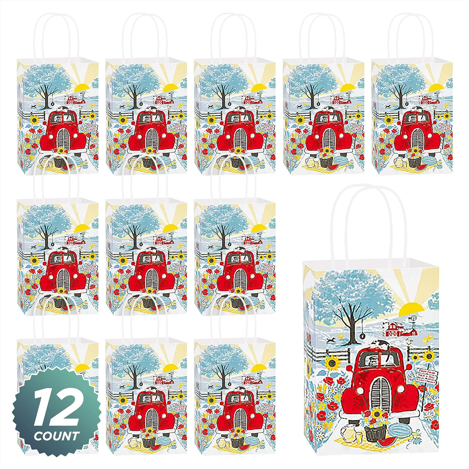 Red Truck & Farm Paper Gift Bags and Party Favor Bags, Small 5.25"x3.5"x8.25" (12 Pack)