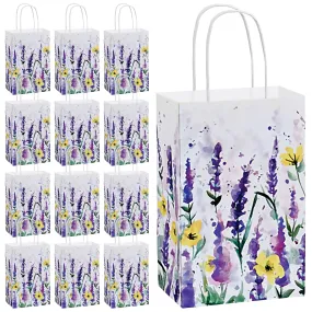 Watercolor Lavender Floral Print Paper Gift Bags and Party Favor Bags, Small 5.25x3.5x8.25" (12 Pack)